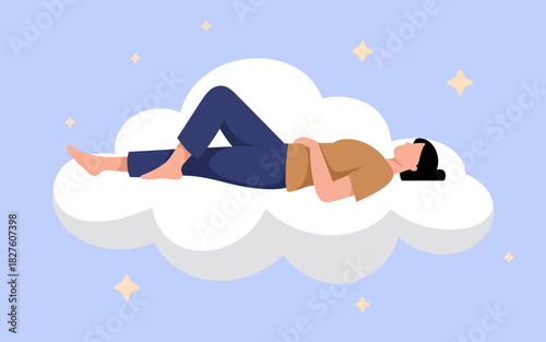 A serene illustration of a person lying peacefully on a fluffy cloud against a soft blue background, conveying a feeling of tranquility and comfort to viewers.