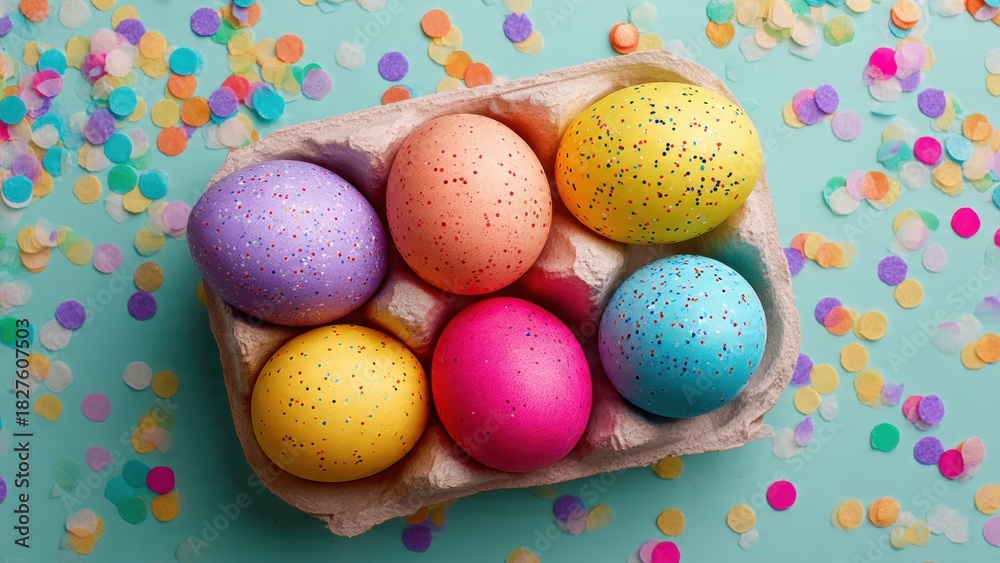 Fototapeta premium Vibrant easter eggs in carton surrounded by confetti celebration
