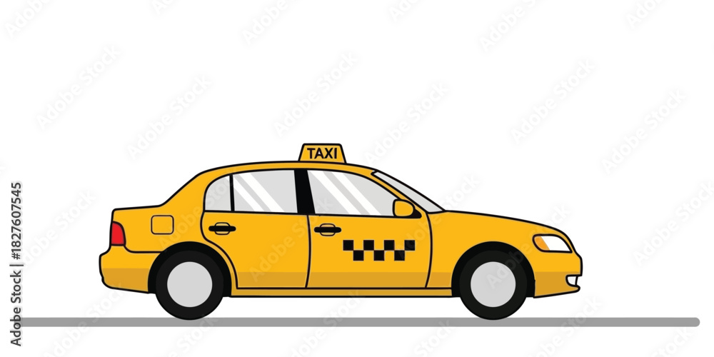 Fototapeta premium Flat vector illustration of a classic yellow taxi cab. Side view of an urban public transportation vehicle isolated on a white background