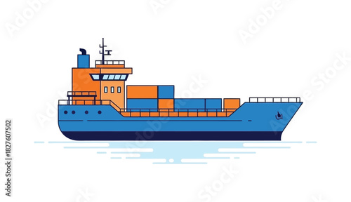 A large blue and orange cargo ship with containers on deck is sailing across a body of water with a white background
