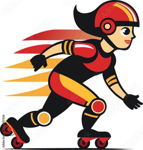 Retro Roller Derby Girl Vector – Fast Female Skater Mascot with Helmet and Speed Motion Lines"