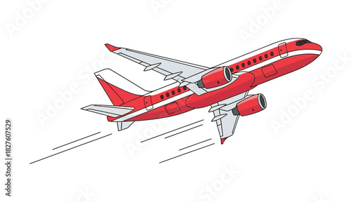 Red Airplane Taking Off Modern Aviation and Travel Transportation in Vector Art