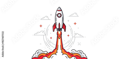 Vector illustration of a rocket ship launching into space, symbolizing business startup, innovation, and technological progress
