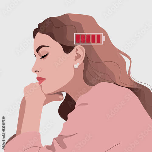 A serene portrait of a woman resting her chin on her hand, displaying a battery level icon symbolizing self-care, reflection, and the need for energy recharge.