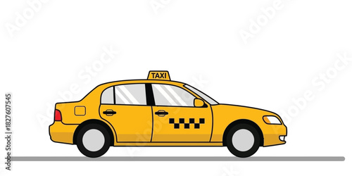 Flat vector illustration of a classic yellow taxi cab. Side view of an urban public transportation vehicle isolated on a white background