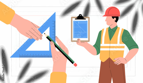 A professional construction worker in a safety helmet holding blueprints, highlighting the construction industry’s precision and planning aspects in a dynamic working environment.