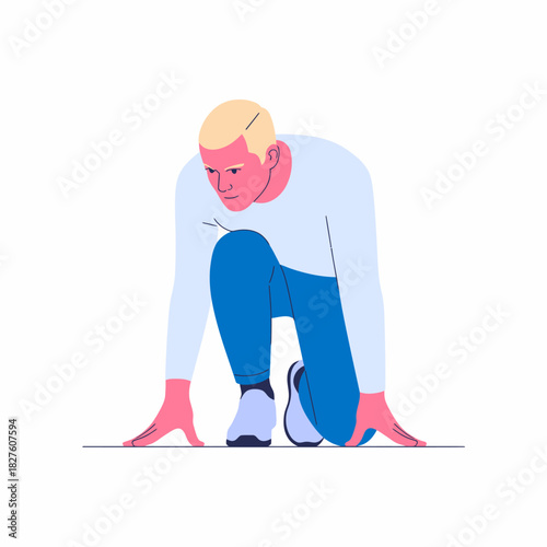 A focused athlete in a starting position, demonstrating readiness and determination, ready to begin a race, epitomizing the spirit of competition and effort.