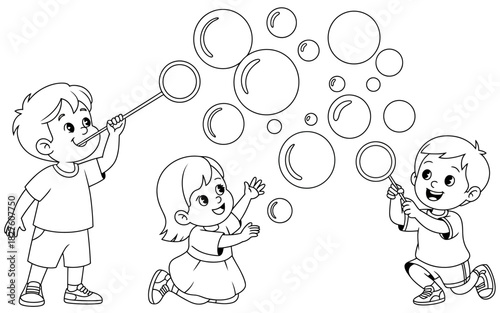 A joyful scene featuring two children playing with bubbles, capturing the essence of childhood fun and carefree moments in a bright and cheerful outdoor setting.