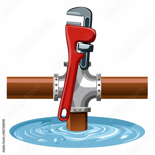 Plumbing repair with wrench and leaking water.