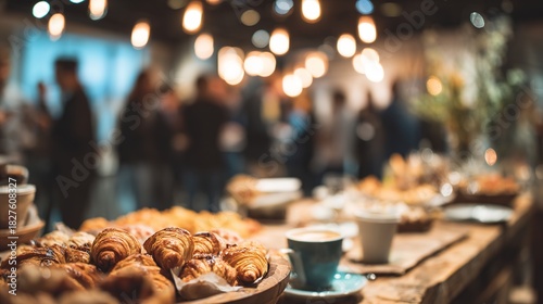 Close-up of pastry and coffee cups on a buffet table with a blurred background where a networking event or conference is taking place in a modern space with warm lighting