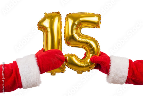 Santa-themed hands holding gold foil balloons forming number 15 on white background, festive countdown and holiday celebration concept for Christmas party decor and winter promotions