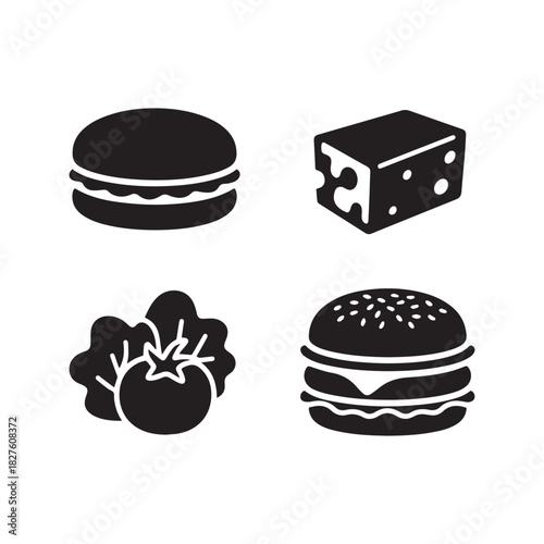 Black vector icons representing popular food ingredients and a cheeseburger sandwich.