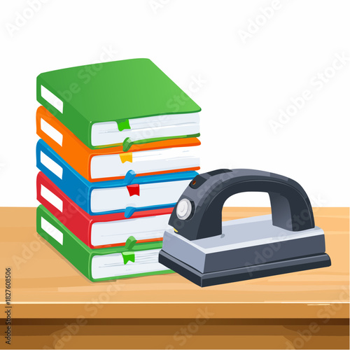 Stack of colorful books and a book scanner on a wooden desk.