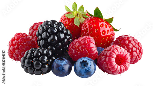 Assortment of fresh organic mixed berries isolated on transparent background