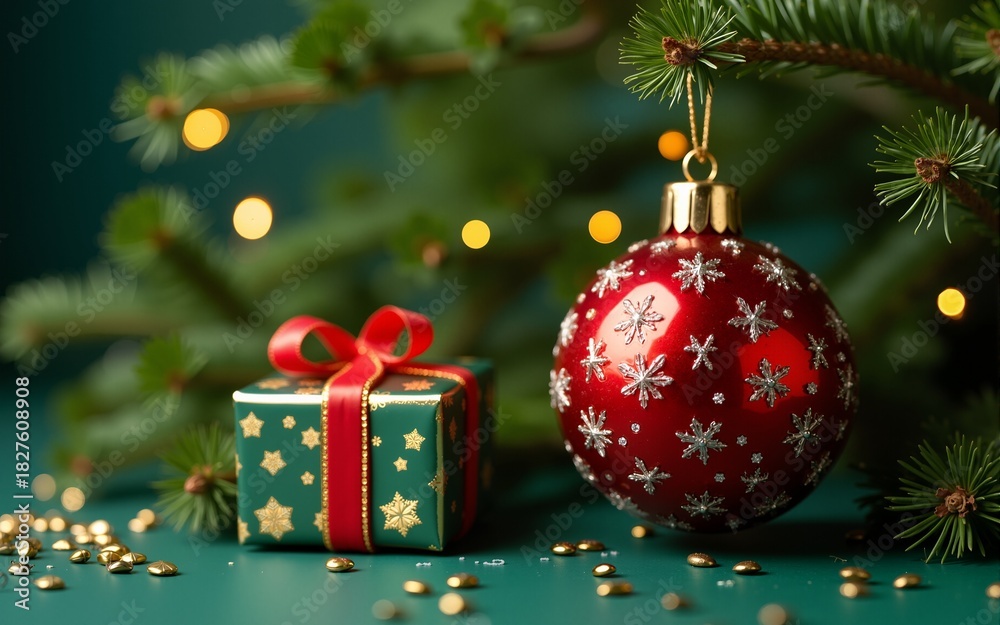 Naklejka premium Tree pine green christmas merry xmas ball shiny red golden star gift train gift box object happy new year 2024 2025 2026 time season winter december surprise wrapping lifestyle holiday event party toy