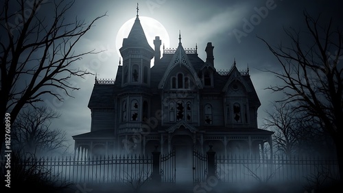 Ominous mansion silhouetted against a bright moon with dark trees and a wrought iron fence in the fog