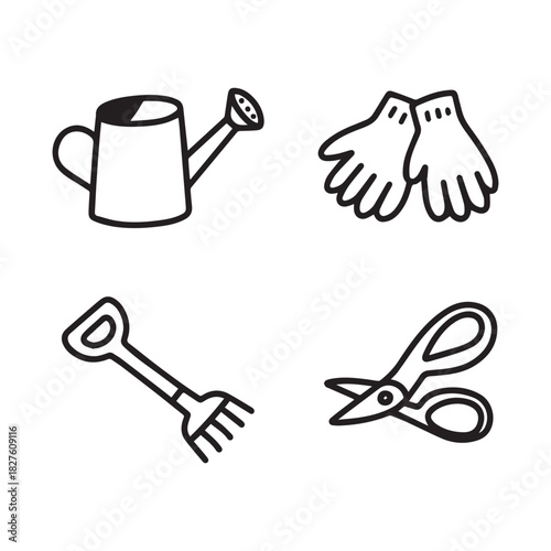 Outline vector icons of gardening tools watering can, gloves, rake, and shears.