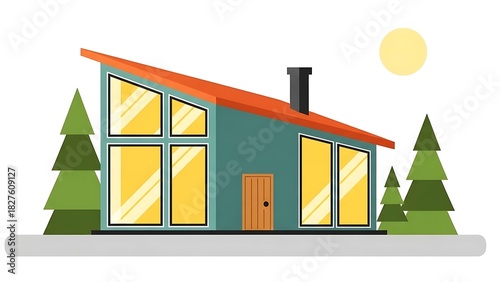 Illustration of a modern house with large windows surrounded by trees and a bright yellow sun