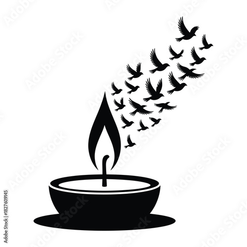 Candle flame transforming into a flock of flying bird silhouette isolated on