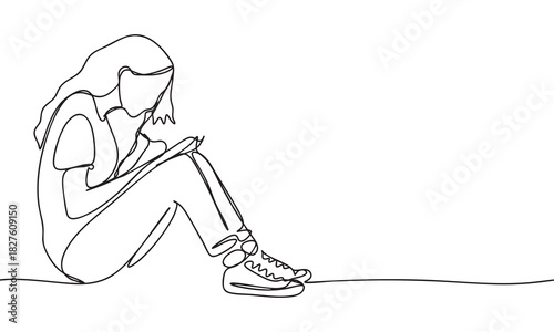 Minimalist Line Art Young Woman Writing on the Floor