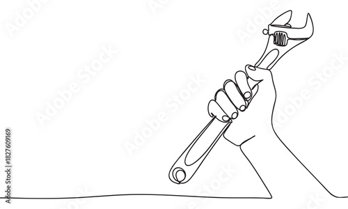 Hand Holding Adjustable Wrench in Continuous Line Art
