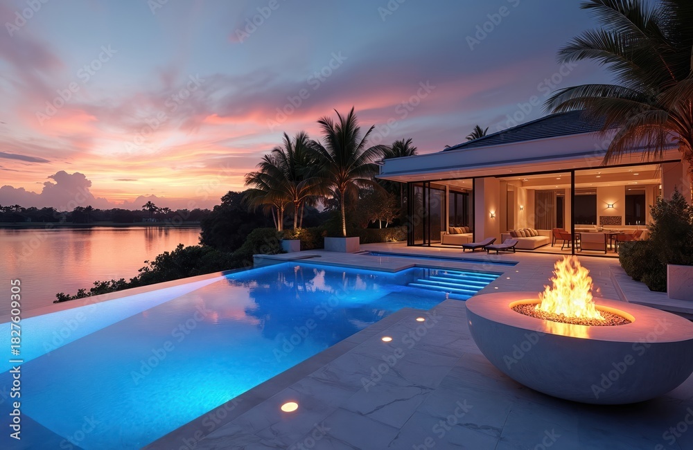Fototapeta premium Modern luxurious villa with outdoor LED light pool and fire pit on lakefront property. Palm trees surround marble patio at sunset. Contemporary home design with outdoor seating area and water feature.