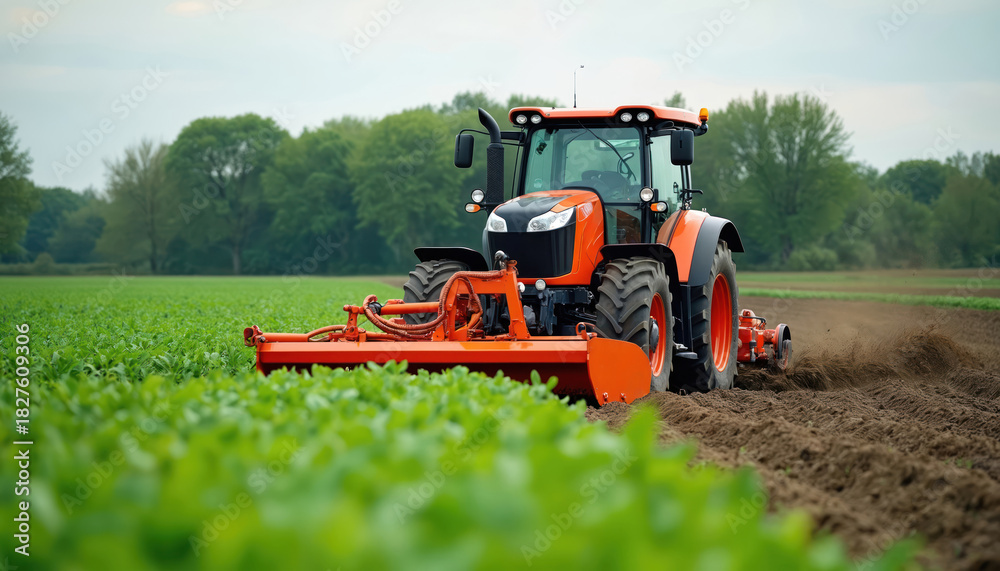 Obraz premium Orange tractor works in farmland. Modern agricultural machinery cultivates fertile land. Soil preparation with ploughing, tillage. Agriculture vehicle on field. Cultivation, agronomy, harvesting,