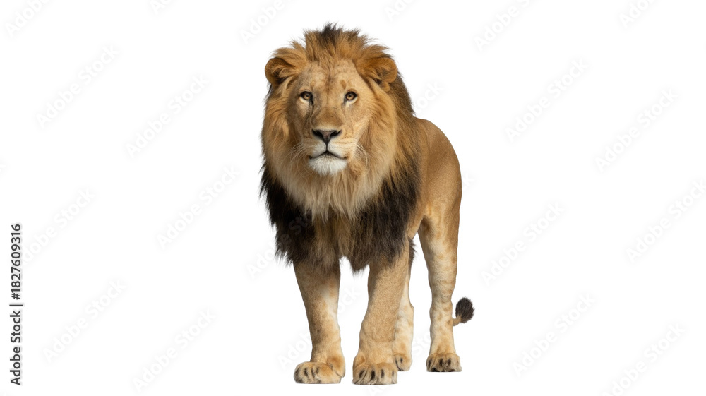 Obraz premium A majestic male lion stands proudly, facing forward with an impressive dark and golden mane, exuding power and regality. background removed