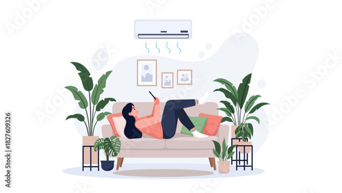 Woman Relaxing on Sofa in a Cool Air-Conditioned Room. Editable Vector Illustration.