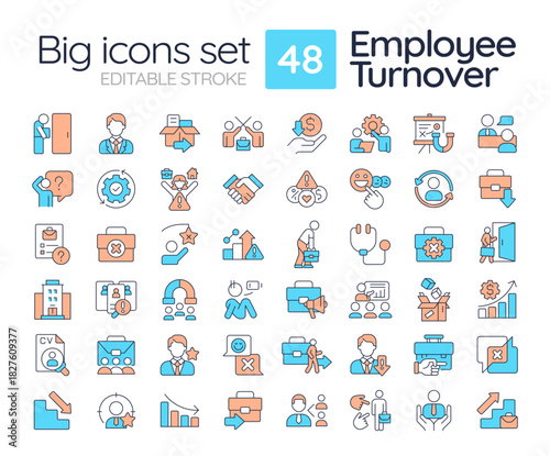 Employee turnover line color icons set. Job quieting causes. HR management strategy. Company recruitment analysis. Vector illustrations. Simple flat colorful symbols collection. Editable stroke
