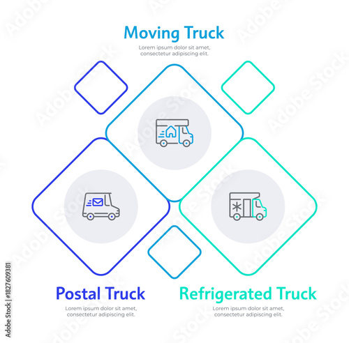 Three types of trucks infographic 3 steps. Logistics chain, transportation services. Postal transport, relocation vehicle. Editable two color line icons diagram flow. Informa pro font used