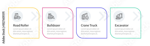 Construction vehicles infographic 4 steps. Road roller, crane truck, Digging equipment. Heavy machinery. Road building. Editable thin line icons diagram process. Merriweather sans font used