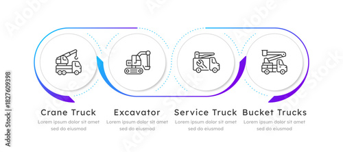 Four types of heavy machinery infographic 4 steps. Construction vehicles Utility transport. Bucket trucks, building equipment. Editable two color line icons diagram flow. Lexend font used