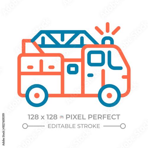 Tanker truck pixel perfect two color line icon. Fuel transportation, water delivery. Petroleum logistics bicolor outline symbol. Duotone linear pictogram. Isolated illustration. Editable stroke