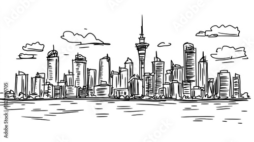 Auckland Skyline 2D Doodle Illustration Front View Black White Isolated Background