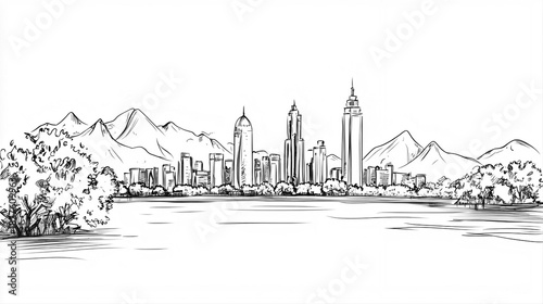 Islamabad Skyline 2D Doodle Illustration Front View Black White Isolated Background