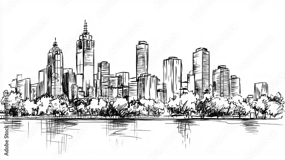 Fototapeta premium Melbourne Skyline 2D Doodle Illustration Front View Black White Isolated Background