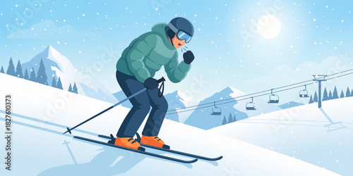 Winter illustration of a skier coughing while skiing downhill, wearing goggles and warm gear, set against snowy mountains, ski lifts, and bright sunlight, suggesting cold weather discomfort.