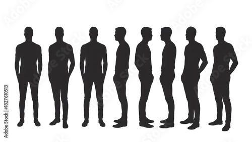 Black male human body silhouettes standing in different frontal, side, and three-quarter views, useful for anatomical reference or graphic design. background removed