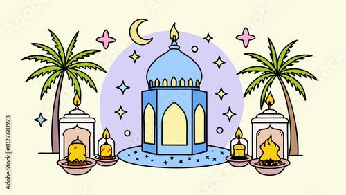 Islamic design with moon palm trees and lanterns