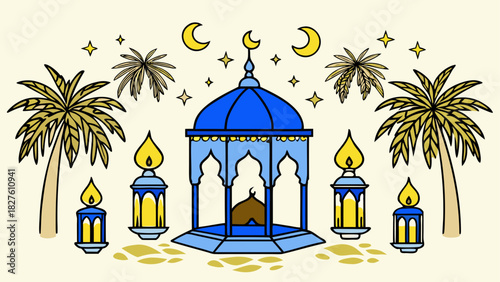 Illustration of ramadan with lantern and palms