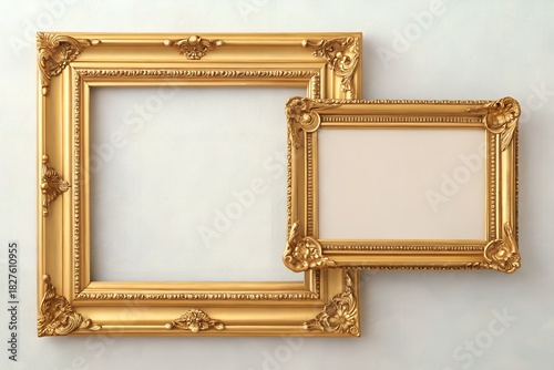 Two ornate gold picture frames against a light gray wall offer elegant display