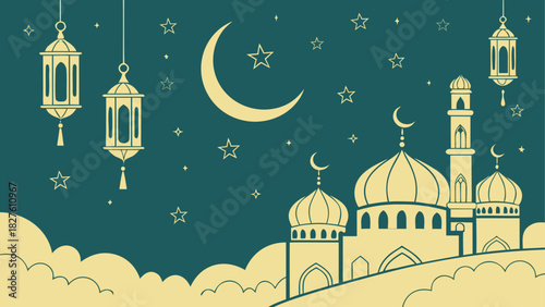 Illustration of mosque and lanterns at night time
