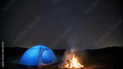 Loopable Night Camping Scene: Glowing Blue Tent,Crackling Campfire,and Starry Sky