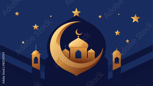 Golden mosque and crescent moon with stars on blue