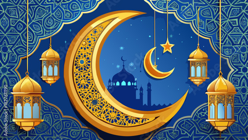 Golden moon and lanterns with mosque silhouette