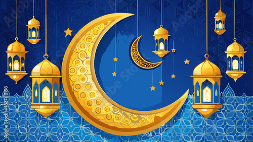 Golden crescents and lanterns on blue background