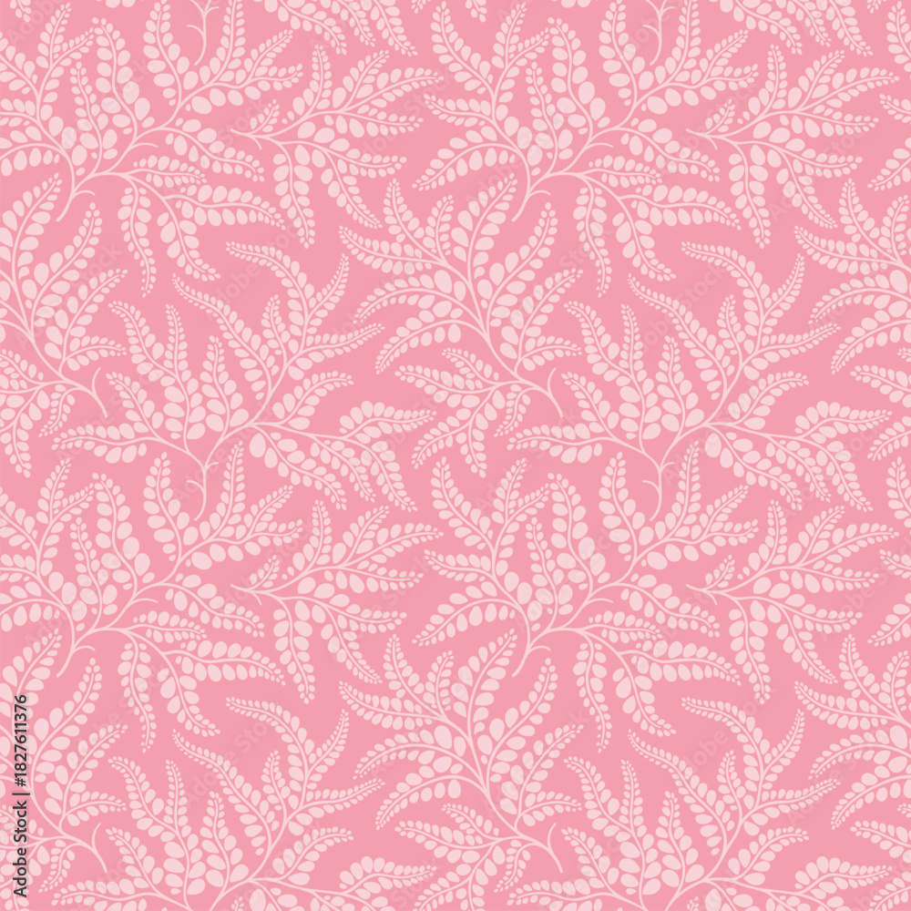 Fototapeta premium Trendy seamless floral pattern of leaves and plants. Intertwined pink branches and leaves, coral background. Vector seamless ornament print. Natural forest pattern. Cute template with leaves motif art