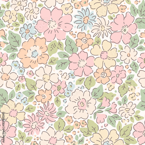Cute floral background. Floral pattern with small orange, blue,  and yellow pastel hand drawn flowers, white background. Seamless pattern for design and fashion prints. Ditsy style. Stock vector print