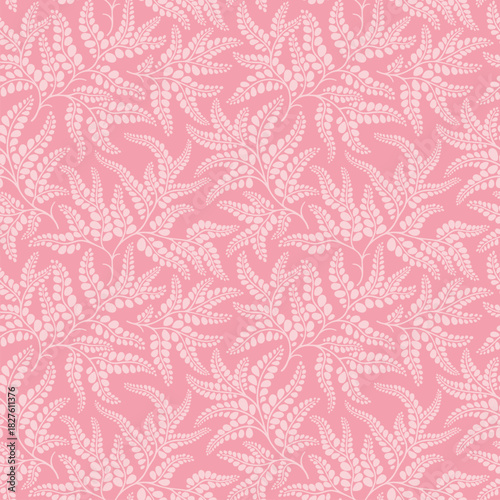 Trendy seamless floral pattern of leaves and plants. Intertwined pink branches and leaves, coral background. Vector seamless ornament print. Natural forest pattern. Cute template with leaves motif art